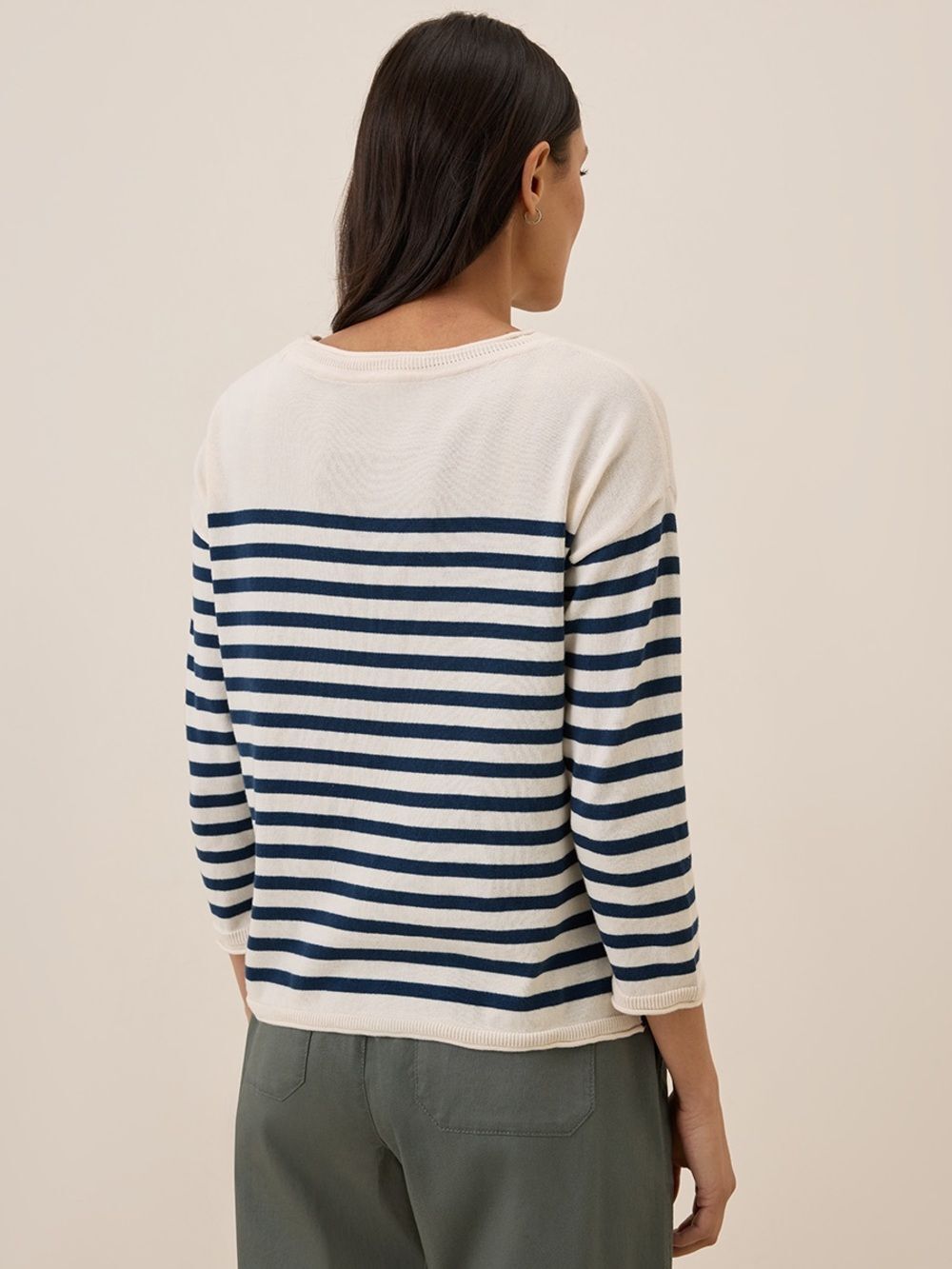 Pact Laguna Striped Knit Sweater Large Boatneck Cream Navy Nautical Coastal - Picture 2 of 10